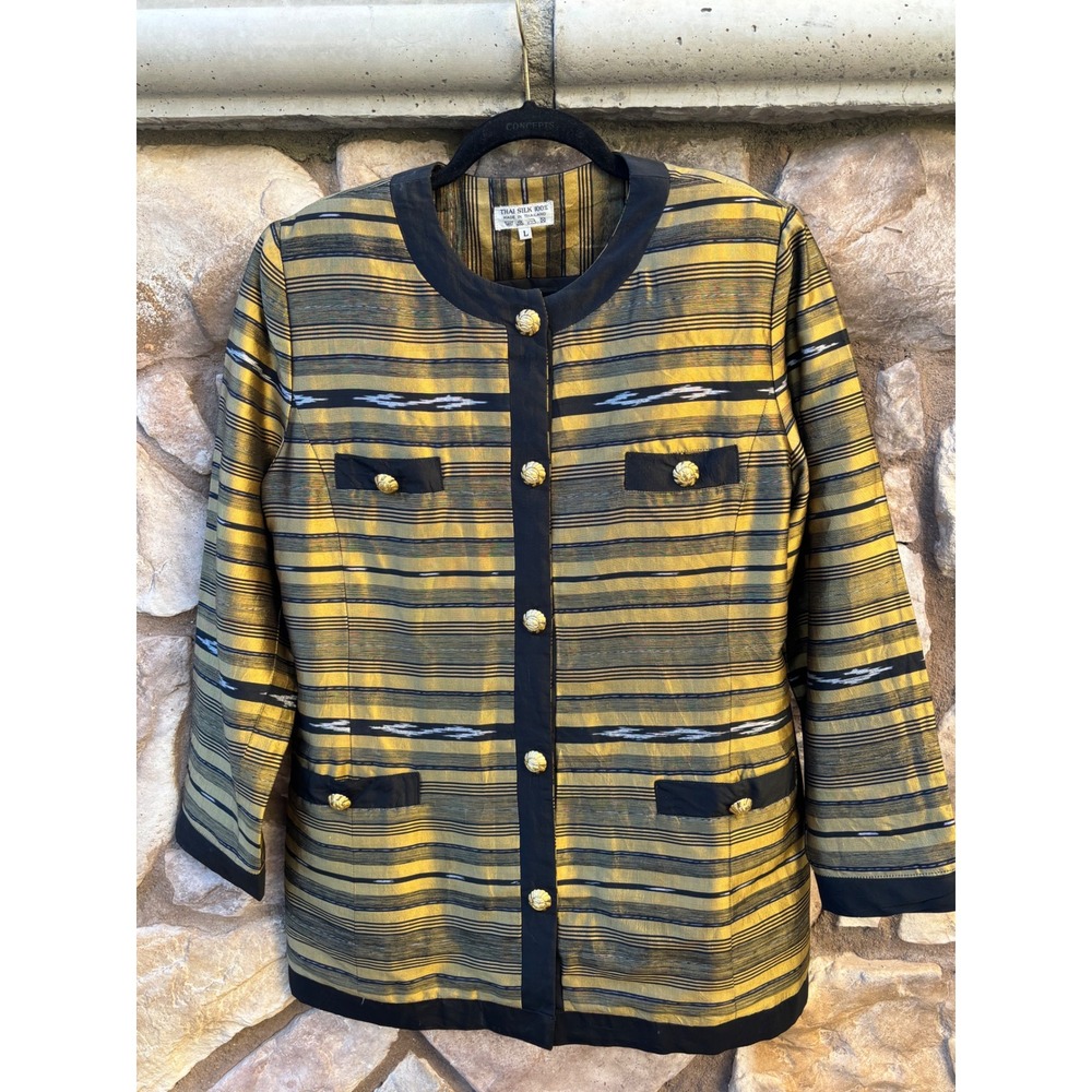 Vintage Thai Silk Jacket Women's Large Black Gold Buttons Striped 80s Elegant